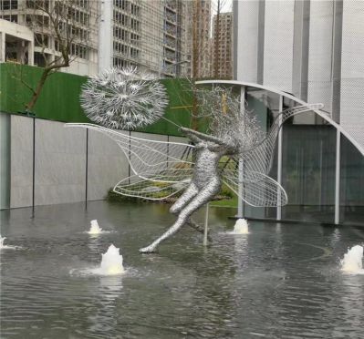 小区售楼部喷泉镂空人物不锈钢蒲公英雕塑