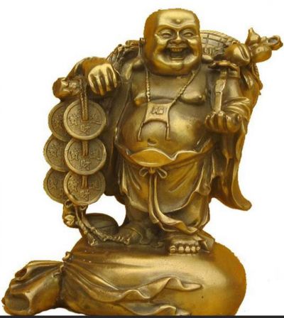 户外不锈钢喷金烤漆扛着铜钱的弥勒佛雕塑