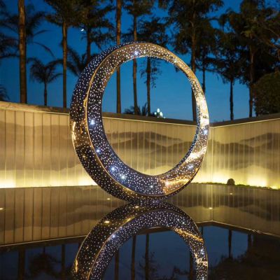 会所水池装饰不锈钢镂空亮化圆环景观雕塑