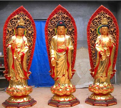 寺庙大型神佛景观玻璃钢彩绘三圣雕塑