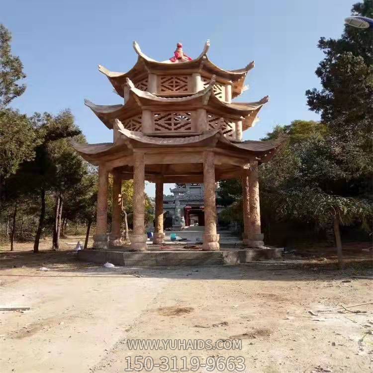 晚霞红大理石三层镂空浮雕  八角凉亭雕塑