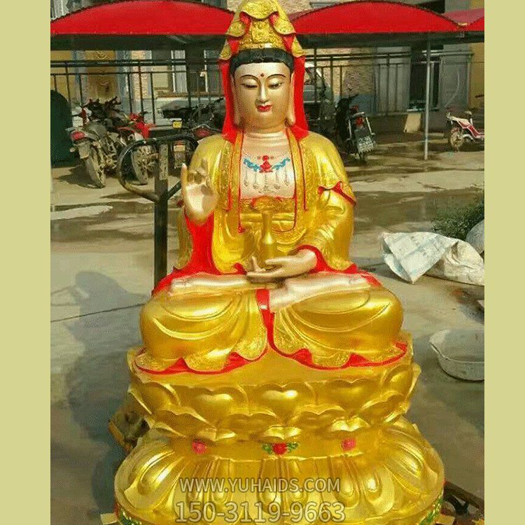 寺庙摆放玻璃钢漆金观音菩萨坐姿雕像雕塑