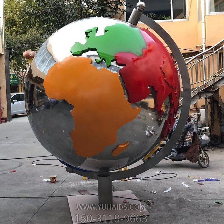 校园不锈钢镜面地球仪雕塑 户外公园大型摆件