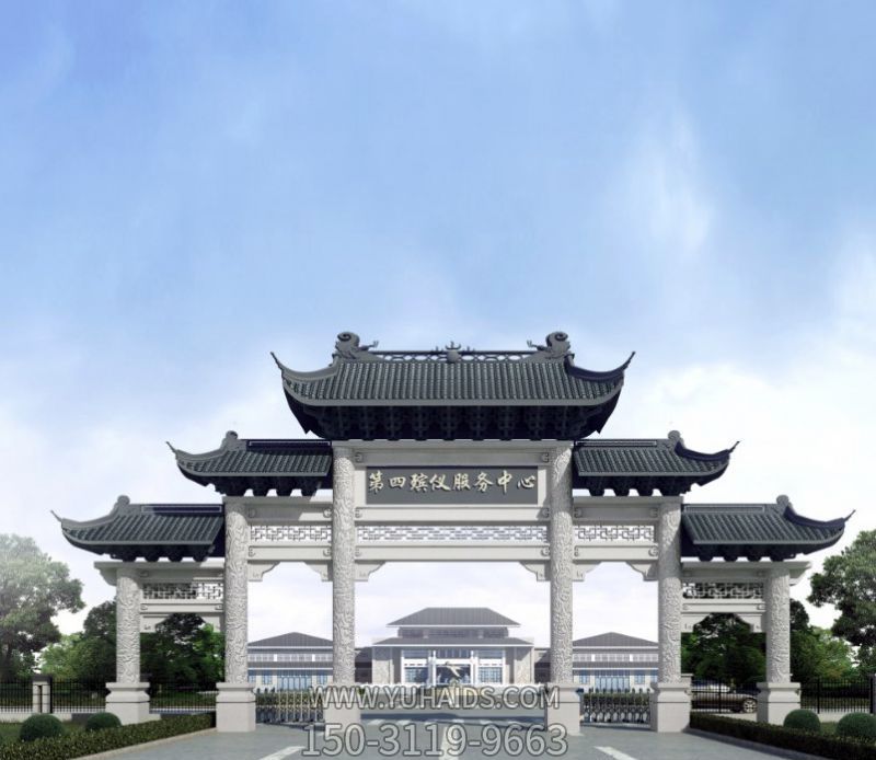 殡仪馆五门景观青瓦斗拱牌楼坊雕塑