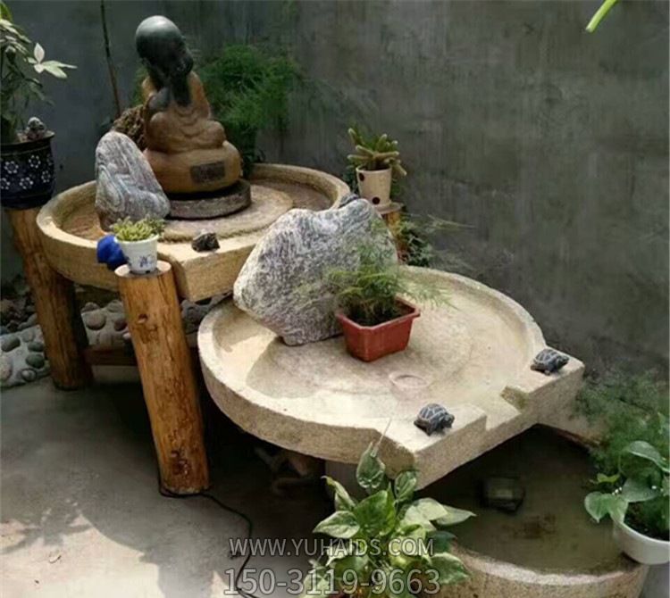 别墅室外石雕旧石槽流水摆件旧石槽石盆流水鱼缸摆件_4232雕塑