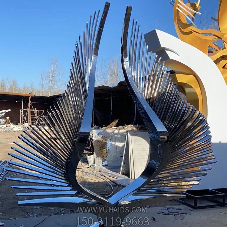 不锈钢抛光工艺制作抽象翅膀别墅会所水景观小品雕塑