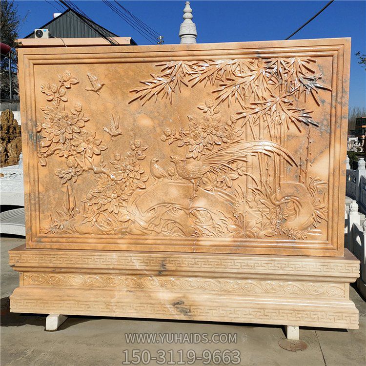 石雕影壁墙别墅庭院背景石晚霞红壁画雕塑