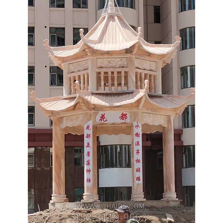 小区广场摆放天然晚霞红二层中式石亭雕塑