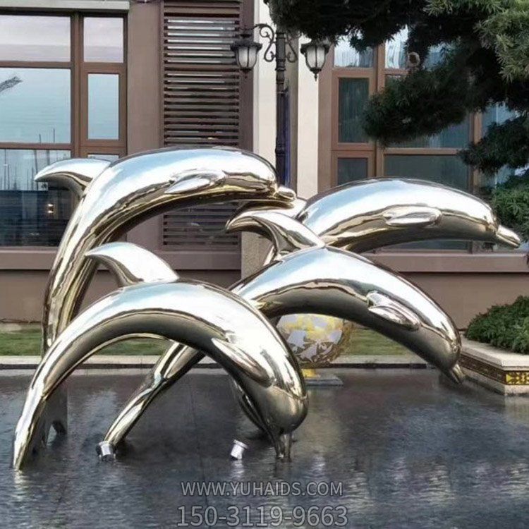 酒店广场水景大型户外不锈钢镜面镂空海洋动物海豚雕塑
