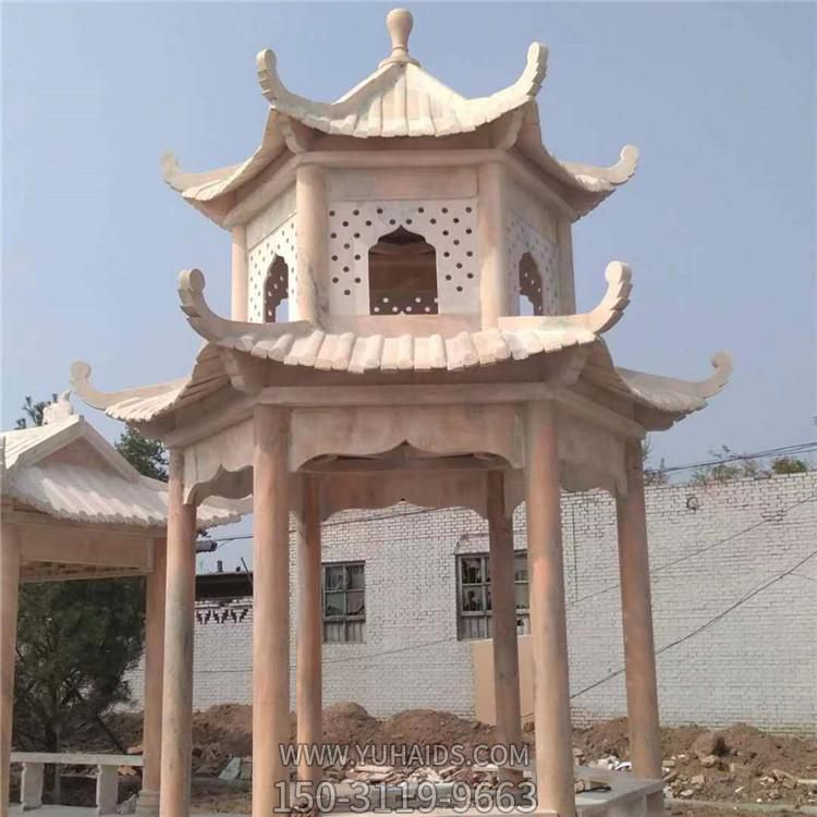 晚霞红石雕户外中式双层六角凉亭雕塑