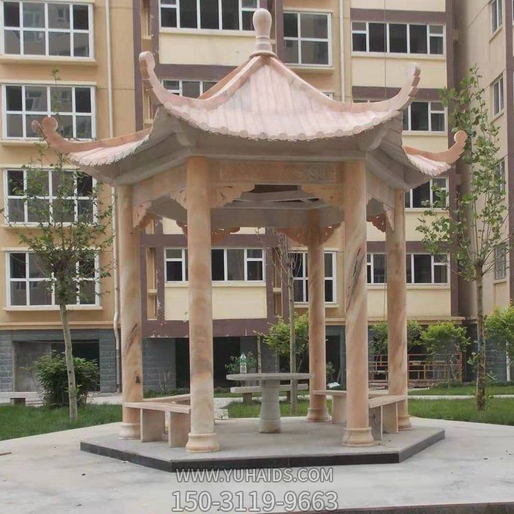 汉白玉中式六角单层双层凉亭 景观装饰摆件亭子雕塑