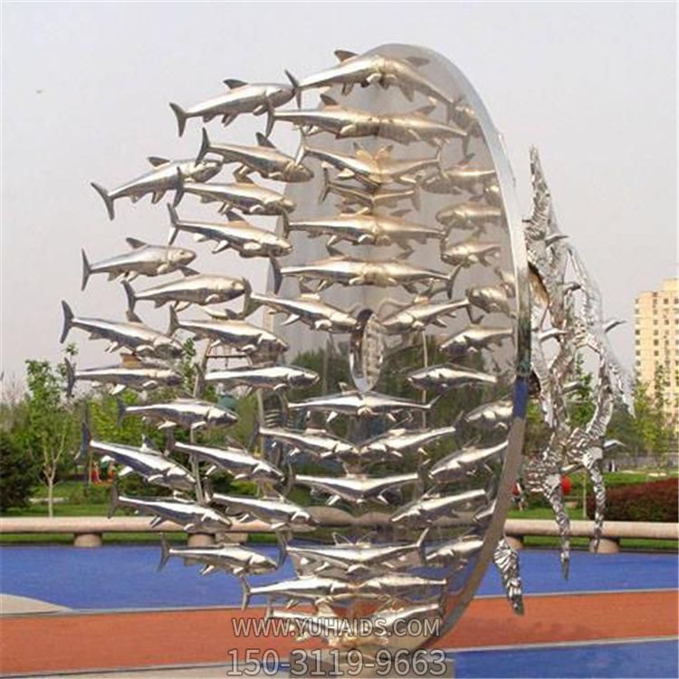 广场大型不锈钢镜面鱼群雕塑