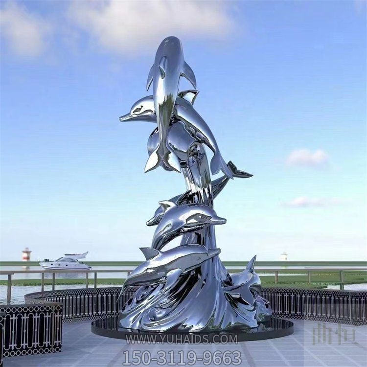 广场大型不锈钢镜面创意海豚景观摆件雕塑