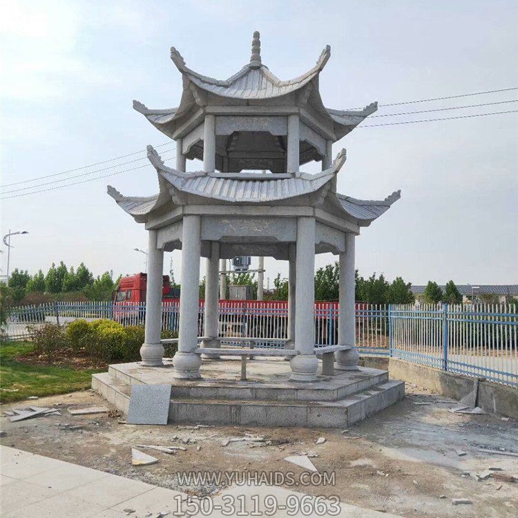 青石二层宝盖中式园林景观凉亭雕塑