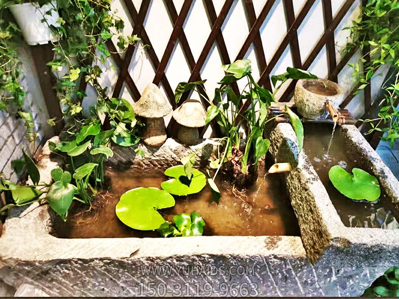 酒店室内摆放创意老石槽流水鱼缸水循环景观雕塑
