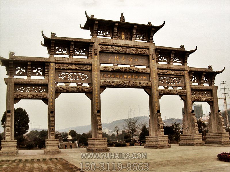 景区古建筑花岗岩五门楼牌坊石雕雕塑