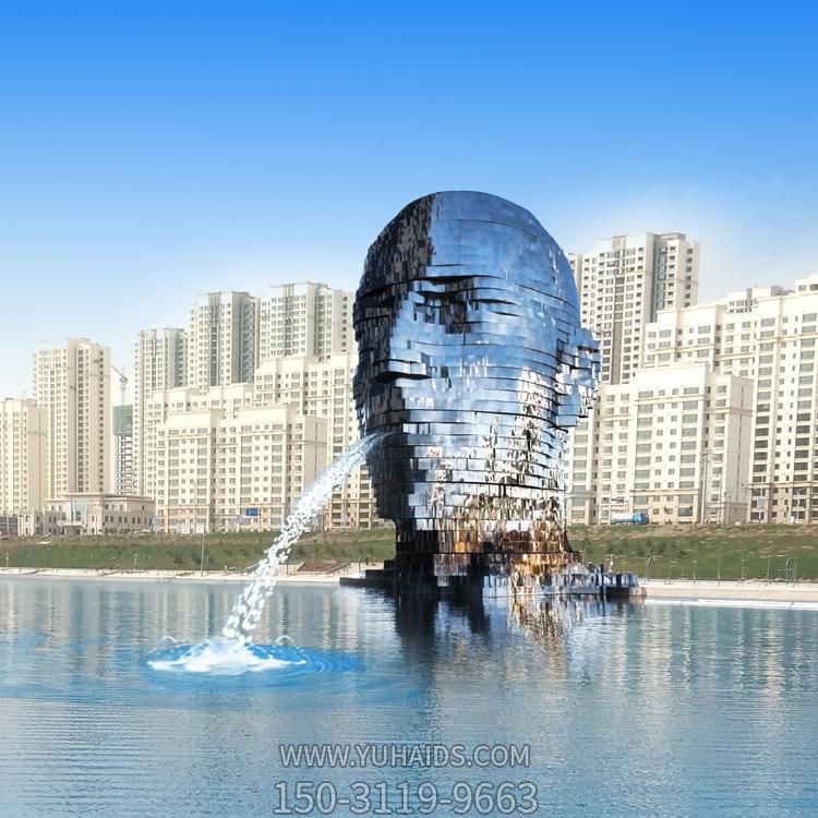 户外水池摆放不锈钢抽象人喷水景观雕塑