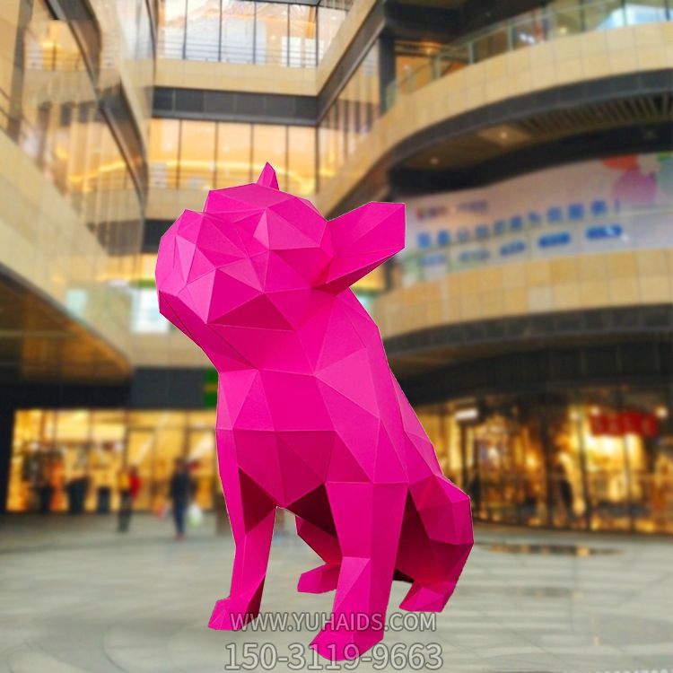 广场创意玻璃钢几何玫红色狗雕塑