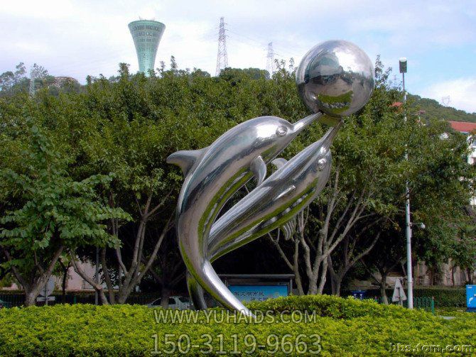 公园广场不锈钢镜面创意海洋动物海豚雕塑