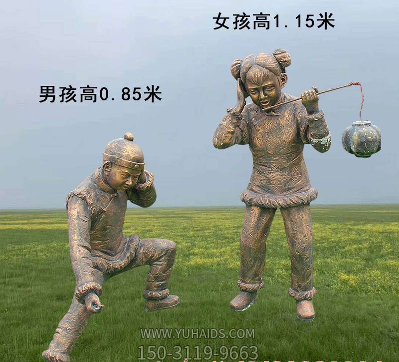 古代人物铜雕儿童放鞭炮雕塑