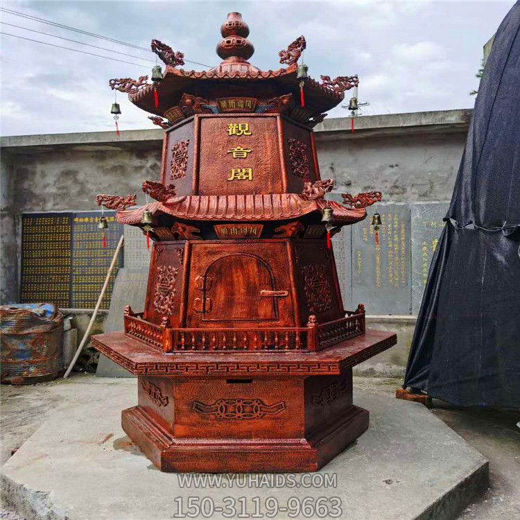 寺院摆放二层浮雕红铜铃铛佛塔雕塑