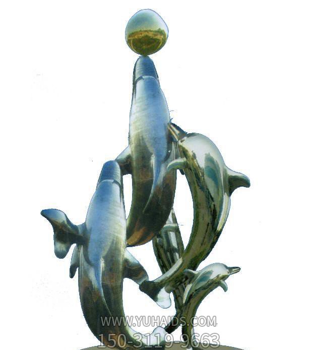 动物园一群不锈钢海豚雕塑