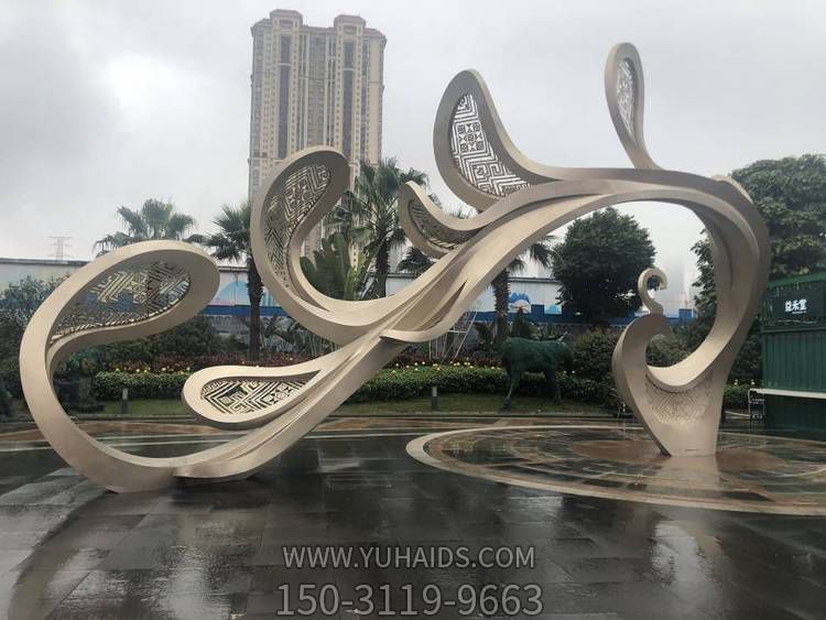 景区广场艺术不锈钢电镀玫瑰金大型抽象凤凰雕塑