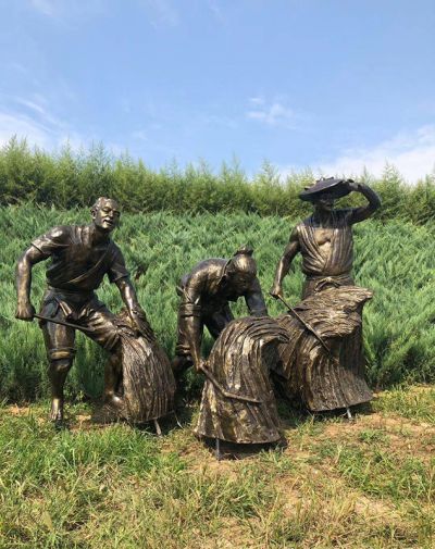 田野古人割麦人物景观铜雕