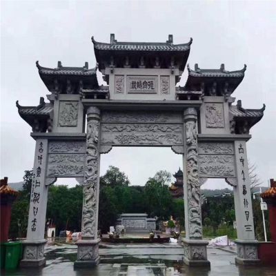 寺院门口装饰青石浮雕仿古建筑三门牌坊