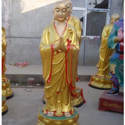 寺院供奉摆放玻璃钢彩绘鎏金罗汉站立佛像