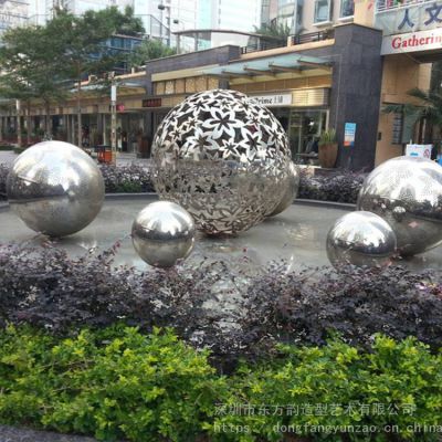 城市广场水池喷泉摆放不锈钢镂空花朵景观球