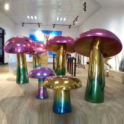 不锈钢蘑菇电镀七彩动物商场景观雕塑