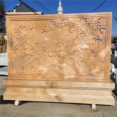 石雕影壁墙别墅庭院背景石晚霞红壁画雕塑