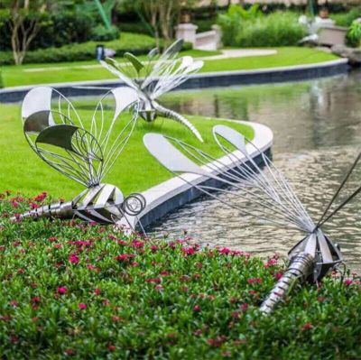 花园城市湖边抽象镂空不锈钢蜻蜓雕塑