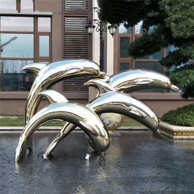 景不锈钢户外园林抽象海豚雕塑