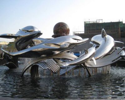 镜面不锈钢户外园林大型动物海豚雕塑