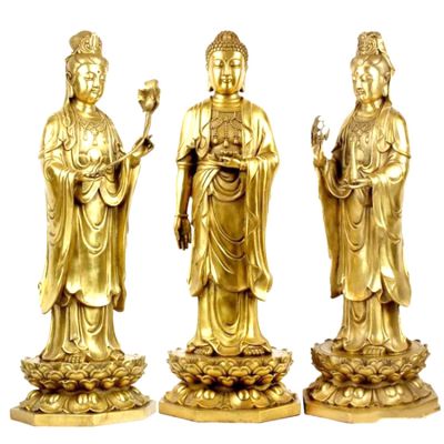 不锈钢鎏金家用供奉三圣雕塑