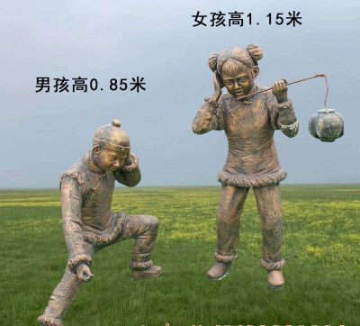 古代人物铜雕儿童放鞭炮雕塑