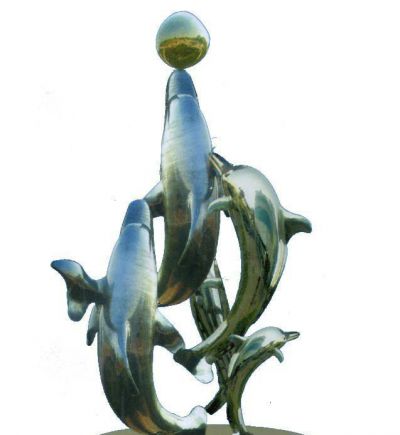 动物园一群不锈钢海豚雕塑