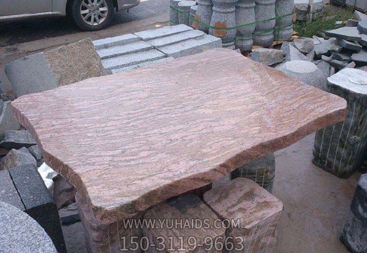 大理石红方形公园仿木桌凳石雕雕塑