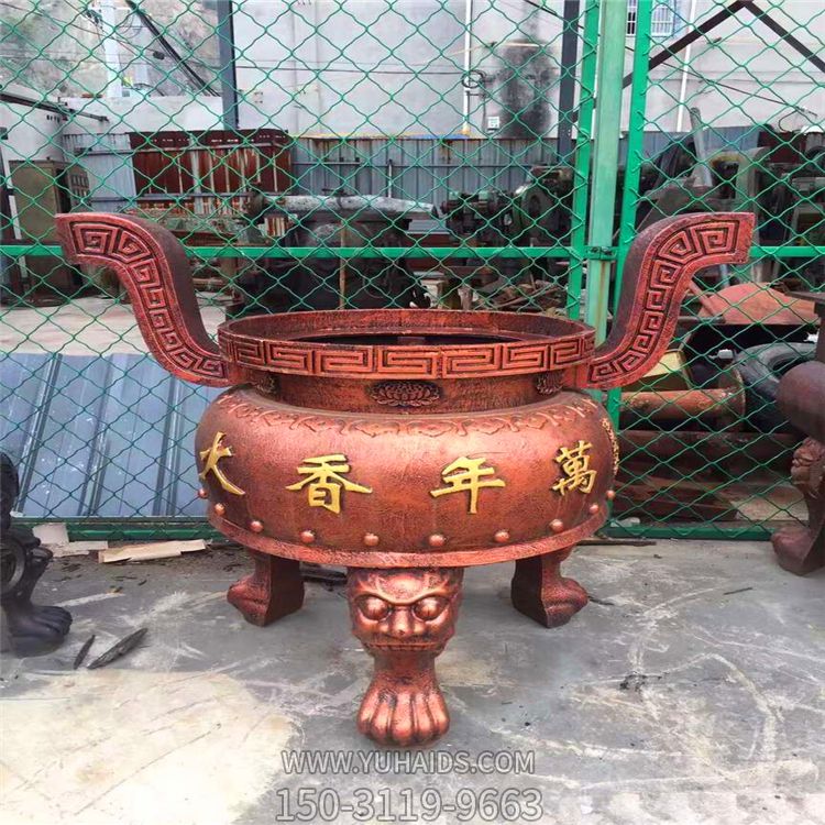 佛家禅寺摆放烧纸上香圆形三足香炉雕塑