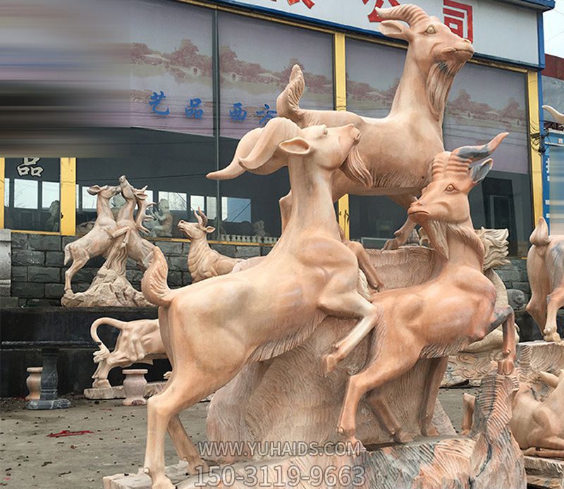 公园景区创意晚霞红石雕三羊开泰雕塑