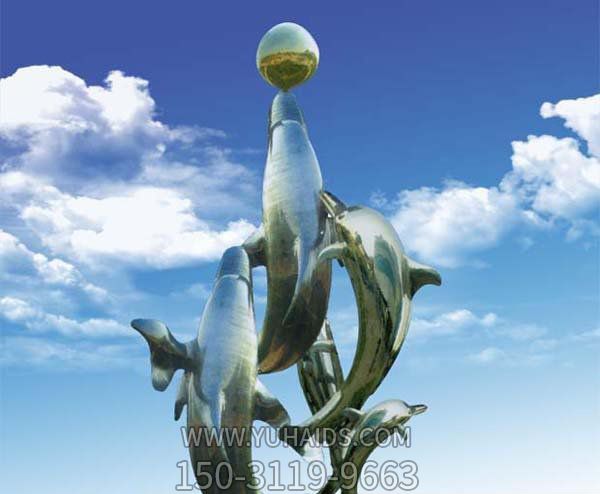 空中飞跃多只玩球雕塑不锈钢海豚雕塑