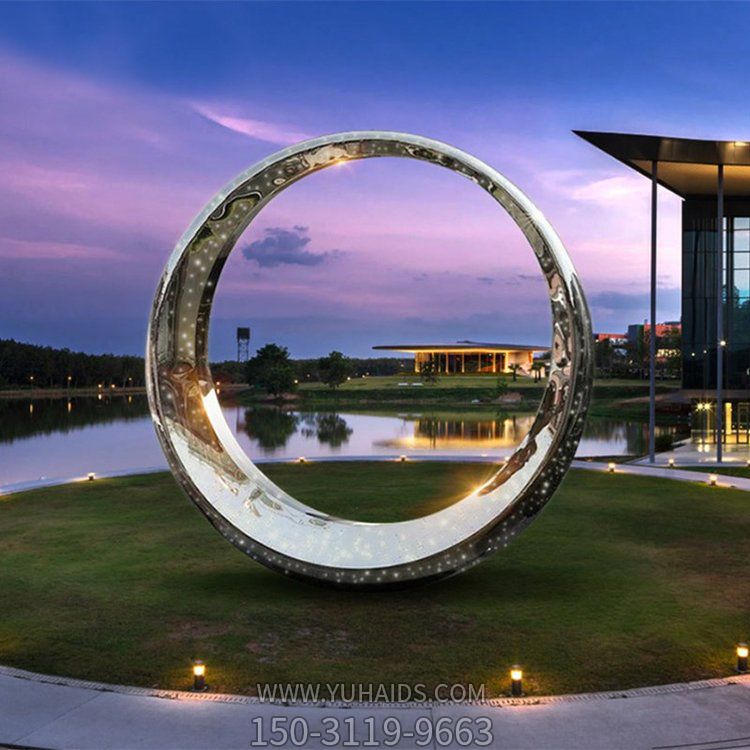 景区湖边摆放不锈钢灯光亮化圆环雕塑