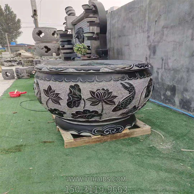 青石浮雕莲花庭院别墅小区石缸雕塑
