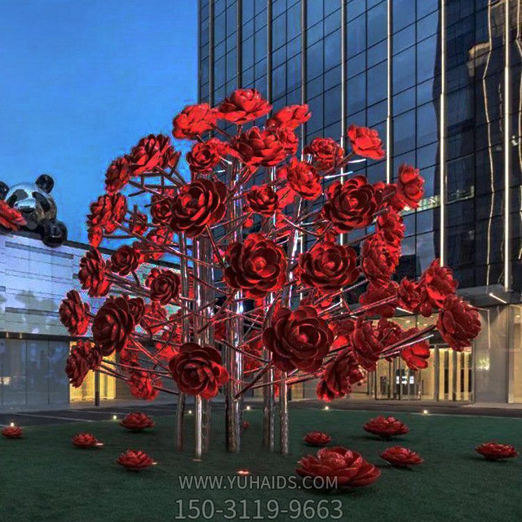 城市广场摆放不锈钢仿真玫瑰花灯光亮化景观雕塑