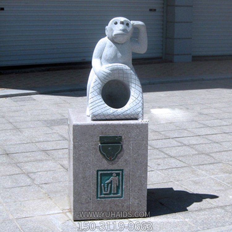 公园摆放花岗岩猴子动物石雕垃圾桶雕塑