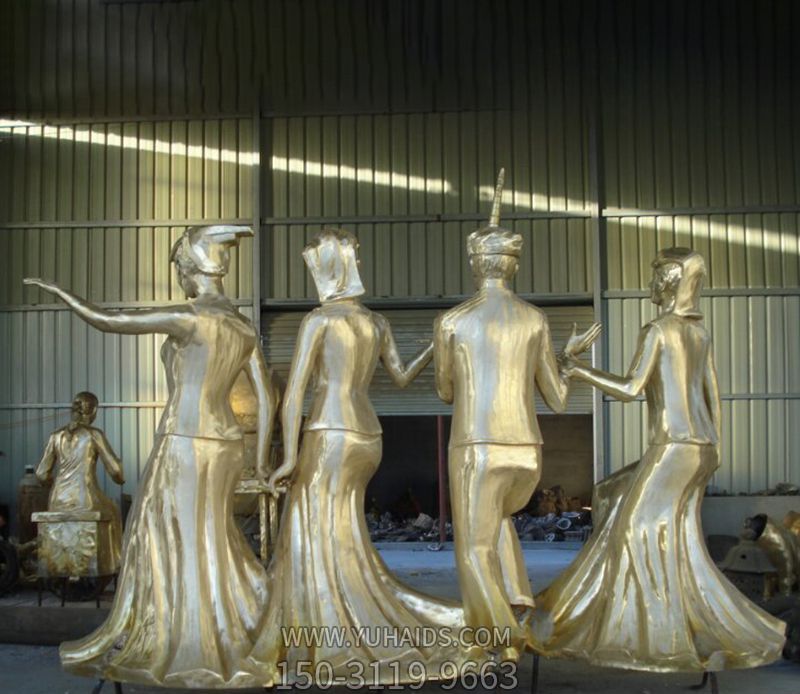 观景区少数民族跳舞人物玻璃钢仿铜雕雕塑