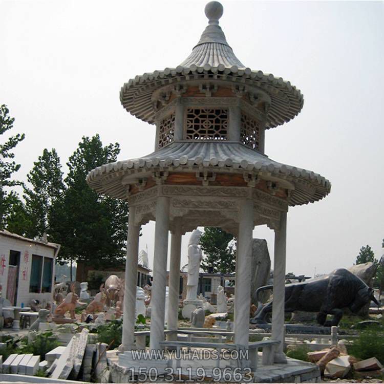 石雕仿古建筑二层圆顶休息凉亭户外园林雕塑