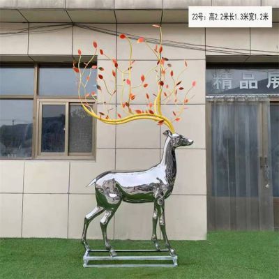 大型不锈钢镜面动物园林景观摆件梅花鹿雕塑